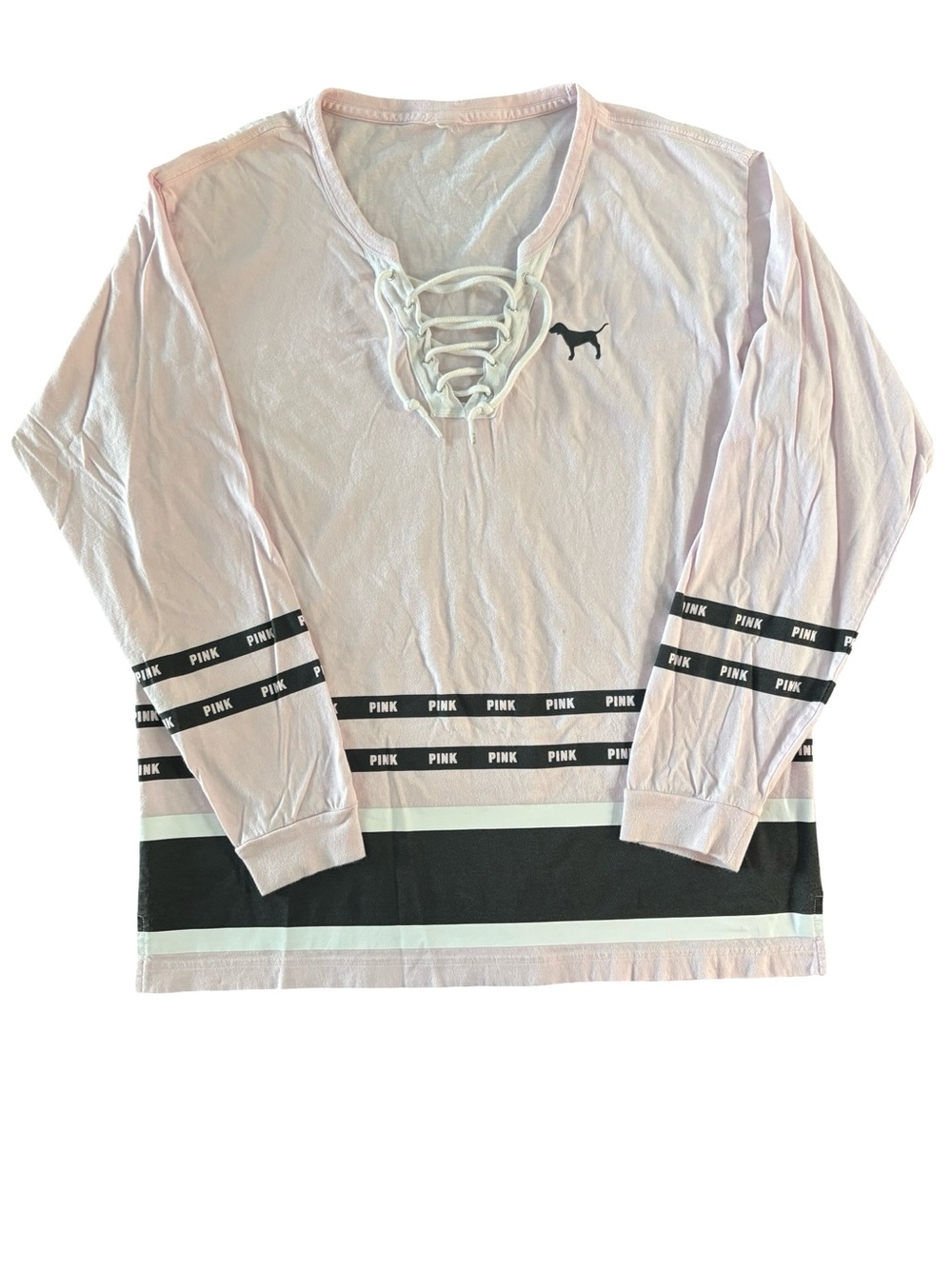 PINK Victoria's Secret Lace-Up Long Sleeve Top in Pale Pink with Black Stripes L